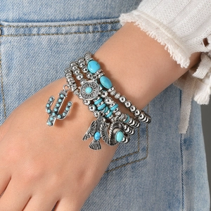 Bohemian multi-layer beaded bracelet set with turquoise beads and cactus hat charms