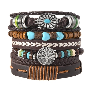 6-piece bohemian leather wrap bracelet set with tree of life and sunflower charms
