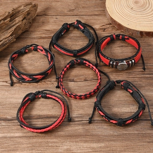 Men's 6-piece tree of life leather bracelet set with woven braids in black and red