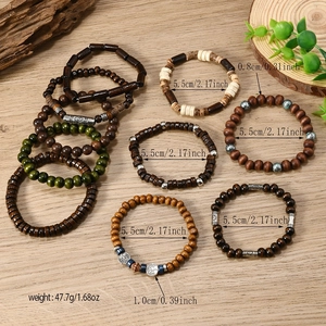 Macro shot of 12-piece bohemian wood beaded bracelets with size and weight dimensions
