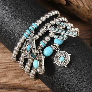 Bohemian multi-layer stretch bracelet set with turquoise beads and western charms