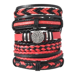 Men's gothic tree of life 6-piece multilayer leather bracelet set in black and red
