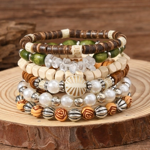 Bohemian Multi Layer Wood Beaded Bracelet Set For Women Vintage Elastic Faux Artificial Pearl Alloy Stone Ethnic Style Jewelry Gift