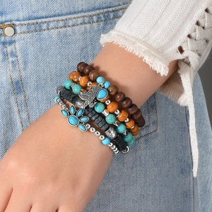 Bohemian multi-layer beaded bracelet set with wood beads and silver elephant charm