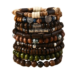 Bohemian multi-layer wooden bead bracelet set with tree of life charms for men and women