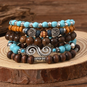 Mehrlagiges Baum des Lebens Holzperlen Armband Set mit Türkis und Retro Anhängern