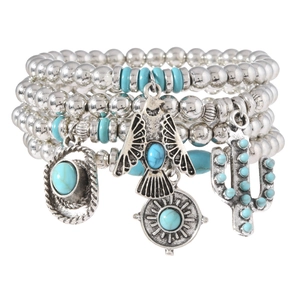 Bohemian multilayer beaded bracelet set with turquoise beads and western charms