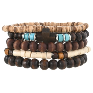 Detail view of five-piece bohemian turquoise and wooden bead layered bracelet set