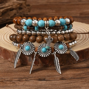 Ensemble de Bracelets Multicouches Bohèmes en Bois Alliage Turquoise Ajustable Breloques Cactus Plume Bijoux Ethniques Vintage Unisexe