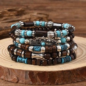 Ensemble de Bracelets en Perles de Bois Multicouches Bohème Unisexe Couronne en Alliage Turquoise Artificielle Bijoux Fait Main