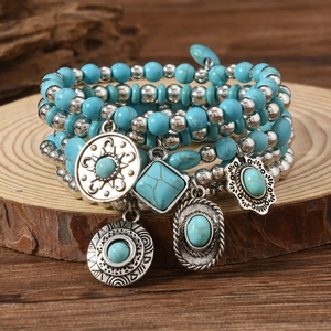 Bohemian Multilayer Beaded Bracelets For Women Vintage Alloy Artificial Turquoise Charms Handmade Ethnic Fashion Jewelry Hand Accessories