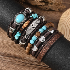 6-piece vintage bohemian stacked bracelet set with turquoise beads and feather charms