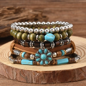5-teiliges Herren-Armband-Set im Boho-Stil mit Türkisperlen, Lederkordel und Sonnenblumen