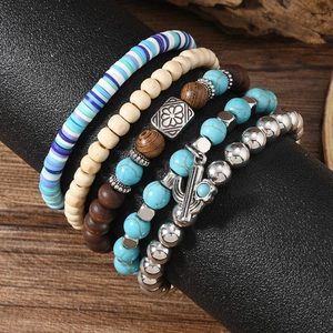 Set of 4 Bohemian vintage bracelets with turquoise, wood beads and cactus charm