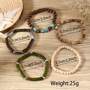 Detailed view of bohemian turquoise and wood bead bracelet set with size and weight info