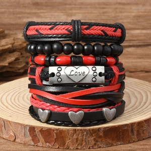 Vintage Punk Multi-layer Leather Bracelet Alloy Heart Love Metal Plate Woven Rope Wood Beaded Adjustable Wristband For Men Women