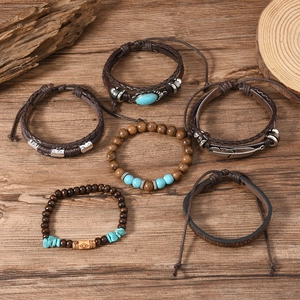 Bohemian 6-piece bracelet set with turquoise, braided leather and vintage silver leaf charms