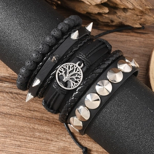 Men's multilayer leather bracelet set with lava stones and Tree of Life charm