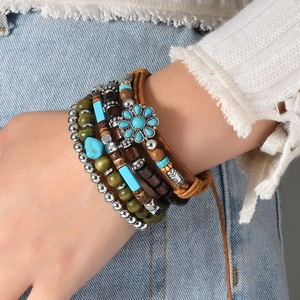 Bohemian multi-layer leather bracelet set with turquoise sunflower and wooden beads