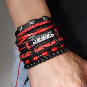 Retro multi-layer bracelet set for men featuring a Love engraved metal plate and red black beads
