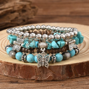 Bohemian Multi-layer Beaded Bracelet For Women Butterfly Pendant Alloy Artificial Turquoise Coconut Shell Ethnic Jewelry