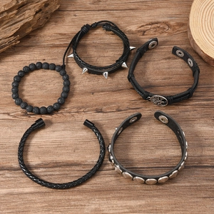 5-piece set of men's black leather bracelets with lava stones and tree of life charm