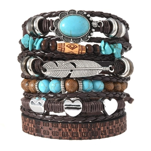 6-piece bohemian layered leather bracelet set with turquoise beads and feather charms