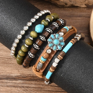 Bohemian multilayer leather bead bracelet set with turquoise sunflower charm