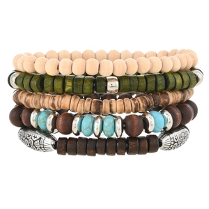Detail view of bohemian multilayer bracelet set with turquoise beads and wood textures
