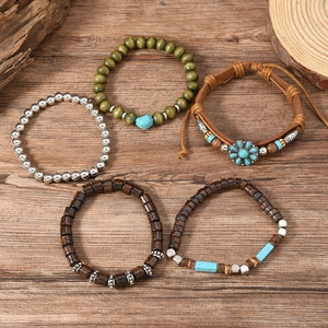 5-piece vintage men's bracelet set with sunflower turquoise beads and leather wrap