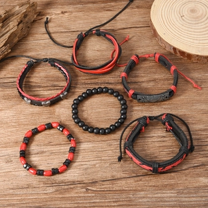 6-piece vintage multilayer leather and wood bead bracelet set with Love metal tag
