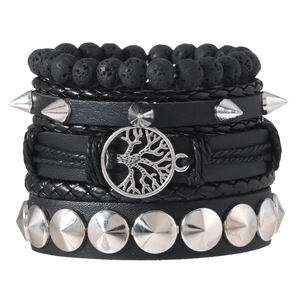 Men's 5-piece leather bracelet set with volcanic stone and tree of life in punk style