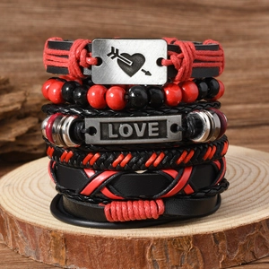 Retro Punk Multi-layered Leather Bracelet For Men Women Woven Wax Cord Wood Beads Alloy Heart LOVE Charm Adjustable Jewelry