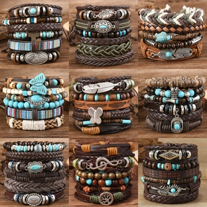 Vintage Bohemian Mehrlagiges Lederarmband Set Handgefertigte Holzperlen Türkis Anhänger Geflochtener Ethno Schmuck Für Damen Herren