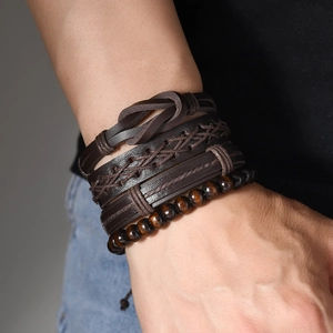 Men's vintage multi-layer bracelet with dark brown leather straps and wooden beads