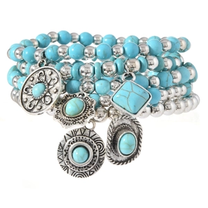 Bohemian multilayer turquoise beaded bracelet with ethnic style geometric metal pendants