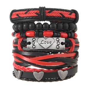 Multi-layer men's leather bracelet set with red beads and engraved Love heart charm