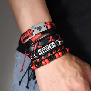 Retro multi-layer woven leather LOVE bracelet set in red and black colors