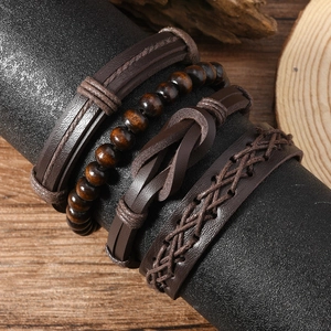 Vintage multi-layer braided leather and wood bead bracelet set for men in dark brown