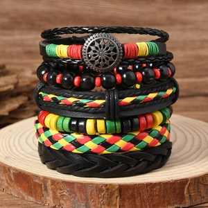 Vintage Bohemian Punk Leather Bracelets For Men Women Handmade Woven Rasta Color Wood Bead Alloy Charm Multilayer Wrap