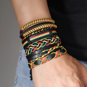 Men's multilayer braided leather bracelet set in red, yellow, and green reggae colors