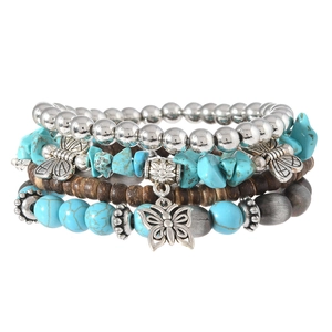 Bohemian multilayer turquoise and coconut shell beaded bracelet set with butterfly pendant
