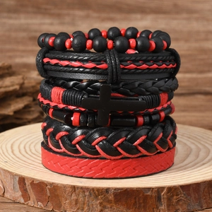 Men Retro Multi-layer Braided PU Leather Bracelet Set With Alloy Cross Charm Vintage Punk Wood Beads Hand Jewelry Gift