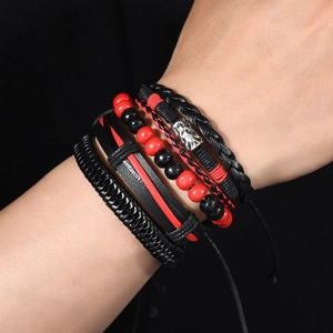 Retro multi-layered men's woven leather bracelet set with red beads and vintage metal beads