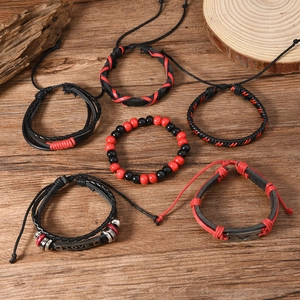 6-piece vintage woven leather bracelet set with red and black beads and LOVE metal charm
