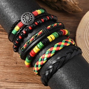 6-piece retro layered leather bracelet set with ethnic wooden beads and sunflower charm