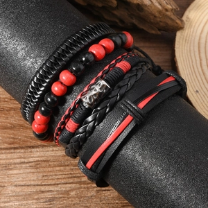 Retro braided leather bracelet set with red and black beads in punk ethnic style