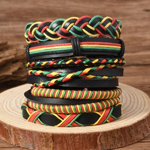 Men Braided Leather Cord Bracelet Set 6 Pieces Rasta Colors Red Yellow Green Black Handmade Ethnic Style Adjustable Jewelry