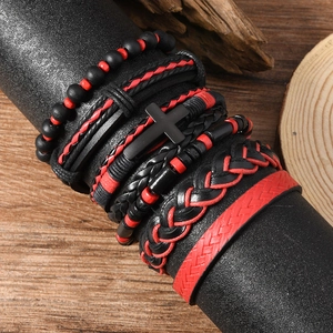 Men's multi-layer black and red braided leather bracelet set with cross charm