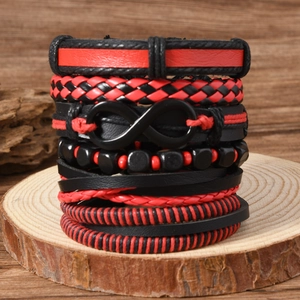 Black and red multi-layer leather bracelet set with infinity charm and wooden beads